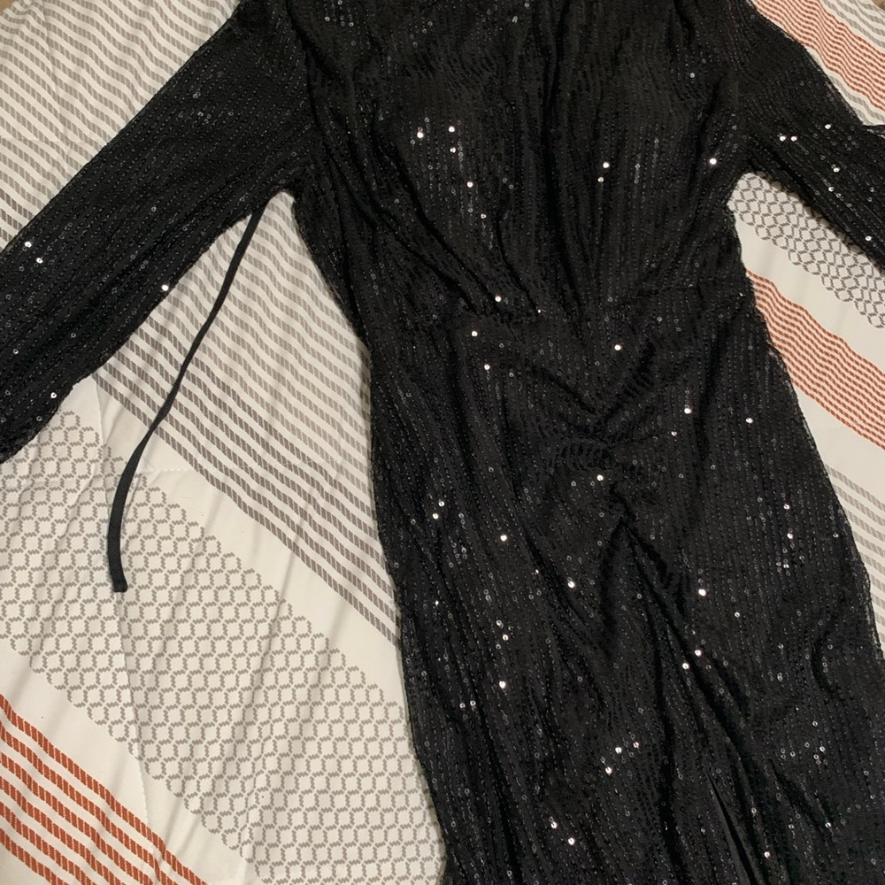 Sophisticated Black Sequin Long Sleeve Dress with high slit - Picture 3 of 5